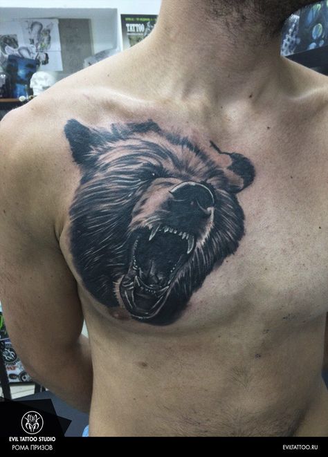 Pec Tattoo, Bear Head Tattoo, Tattoo On Breast, Bear Tattoos, Chest Tattoo Men, Bear Tattoo, Head Tattoos, Chest Tattoo, Tattoo Photo