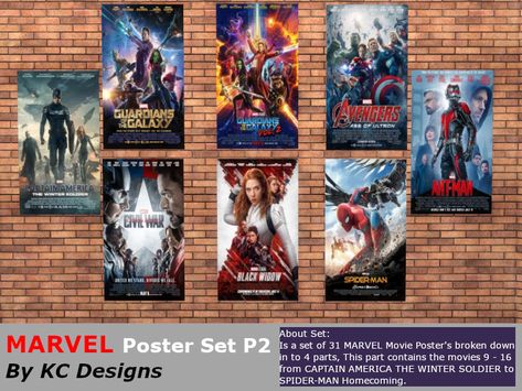 MARVEL Poster Set P2 By KC Designs Found in TSR Category 'Sims 4 Decorative Recolor Sets' Sims 4 Marvel Decor, Sims 4 Cc Marvel Decor, Sims 4 Movie Posters, Sims 4 Movie Posters Cc, Marvel Cc Sims 4, Ts4 Posters Cc, Sims 4 Cc Marvel, Sims 4 Spiderman Cc, Sims 4 Cc Pictures Decoration