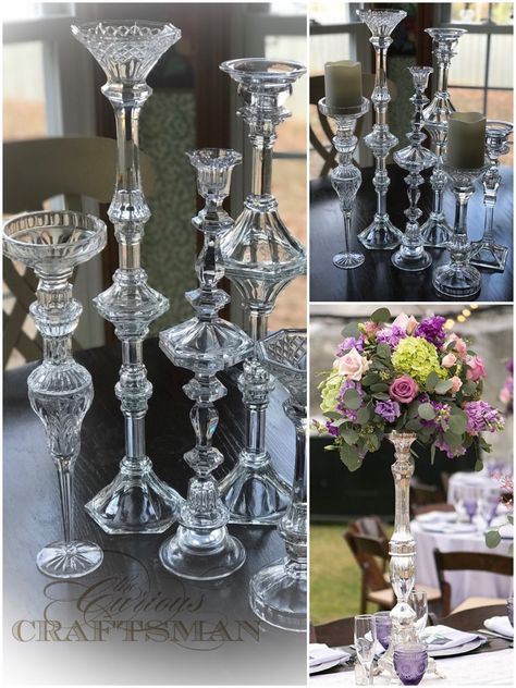 Diy Trumpet Vase, Crystal Centerpieces Diy, Diy Tall Vase, Candle Vases, Dollar Tree Wedding, Glassware Crafts, Crystal Centerpieces, Tree Centerpieces, Diy Dollar Tree Decor