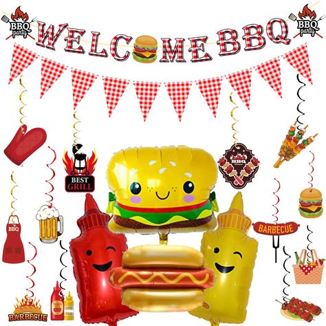 PRICES MAY VARY. 🍔【Package】you will receive 1pc Welcome BBQ banner, 1pc red white and pink checkered banner, 12pcs hanging swirls with spirals, 4pcs balloons included 1 hamburger, 1ketchup, 1 mustard and 1 hot dog shaped balloons. 🧺【Pre-Assembled 】BBQ Banners and hanging swirls are assembled in advance,so you don't need to DIY it by yourself,which can save your time and effort during the process of party preparation. 🍔【How to blow up balloons】The balloons come with a straw and ribbon. Put the Cookout Decorations, Summer Bbq Decorations, Backyard Bbq Party Decorations, Bbq Theme Party, Family Reunion Themes, Bbq Decorations, Bbq Party Decorations, Bbq Birthday Party, Bbq Theme