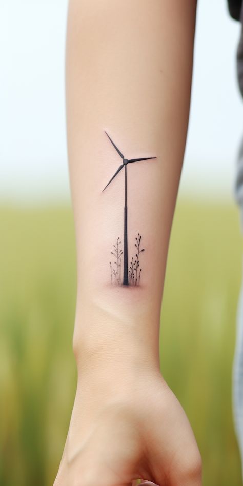 A tiny, highly detailed three-bladed wind turbine tattoo located on the forearm, showcasing a realistic and clean aesthetic. This design captures the essence of renewable energy, making it an ideal choice for eco-conscious individuals seeking a tasteful and thought-provoking representation of their commitment to the environment. Wind Tattoos, Environmental Tattoo Ideas, Power Line Tattoo, Windmill Tattoo Design, Simple Windmill Tattoo, Wind Tattoo Blowing, Wind Turbine Tattoo, Powerline Tattoo, Wind Tattoo Ideas