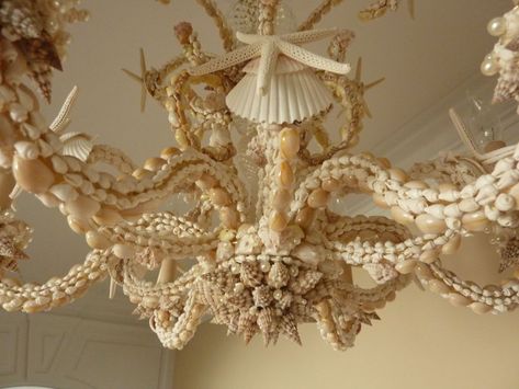 Sarah's chandelier closeup Stairs Coastal, Coastal Stairs, Seashell Chandelier, Driftwood Chandelier, Transitional Coastal, Bedroom Transitional, Cottage Decorating, Shell Chandelier, Coastal Pillows