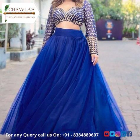 Royal Blue flared Net Party Wear Crop Top Lehenga Royal Blue Lehenga Color Combinations, Blue Crop Top Lehenga, Party Wear Crop Top, Lehenga Color Combinations, Royal Blue Lehenga, Top Lehenga, Blues Dance, Crop Top Lehenga, Royal Blue Blouse