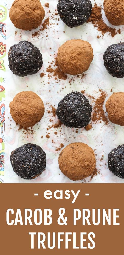 These healthy Carob Prune Truffles are very easy to make. They are refined sugar free and naturally sweetened with carob powder and dried prunes. These energy bites are also grain and gluten free. Only 5 ingredients. Perfect as a snack or small dessert. #carob #energybites #grainfree #glutenfree #recipe #healthy #cleaneating #realfood #plantbased Carob Truffles, Carob Recipes, Energy Bites Recipe, Dried Prunes, Fruit Desserts Easy, Glutenfree Recipe, Energy Bites Recipes, Carob Powder, Sweet Bites