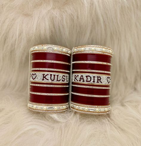 name bangle set, name bangle chura, name bangle set in punjabi design, wedidng bangles, bridal bangles, wedding chura,bridal chura Punjabi Design, Wedding Bangles, Bridal Chura, Couple Name, Latest Bridal Lehenga, Baby Art Projects, Punjabi Bride, Indian Bridal Hairstyles, Bangles Indian