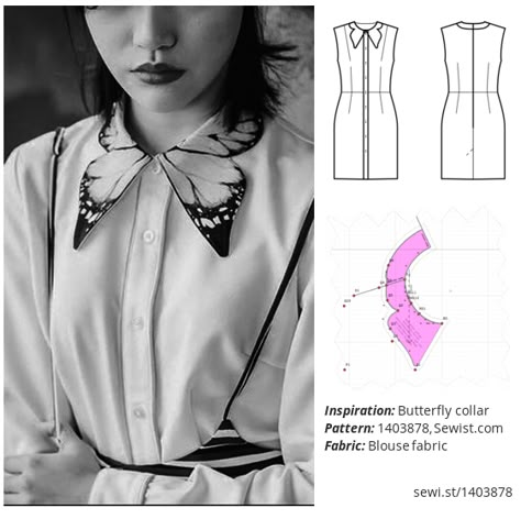 Butterfly Collar Shirt, Butterfly Clothes Design, Diy Collar Pattern, Butterfly On Clothes, Collar Pattern Drafting, Butterfly Sewing, Collar Sewing Pattern, Butterfly Pattern Dress, Clothing Sewing Patterns