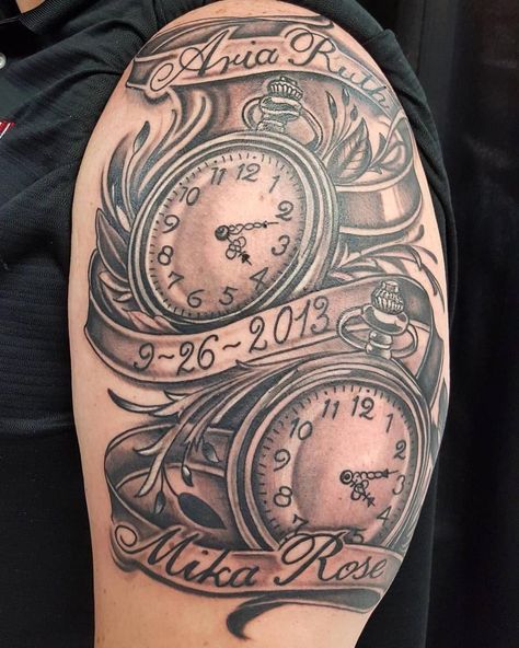 Birth Date Tattoo Ideas, Birth Date Tattoo, Date Tattoo Ideas, New School Tattoos, Date Tattoo, Watch Tattoo Design, Pocket Watch Tattoos, Father Tattoos, Date Tattoos