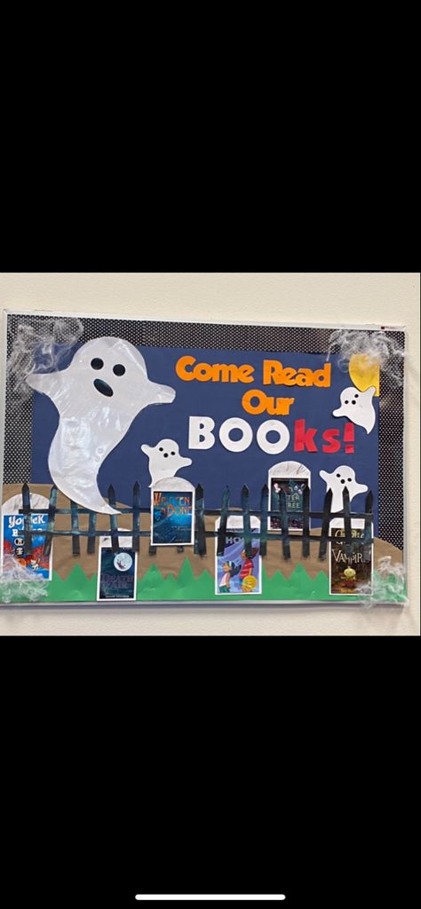 Welcome Back To The Library Bulletin Board, October Reading Bulletin Boards, Halloween Reading Bulletin Board Ideas, Halloween Display Case School, Halloween Bulletin Boards Library, Welcome To The Library Bulletin Board, Library Fall Displays, Library Halloween Bulletin Boards, Library Welcome Back Bulletin Boards