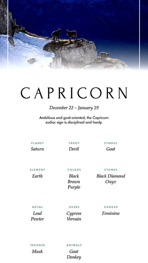 Capricorn Correspondences, Secular Witchcraft, Witchcraft Stuff, Pisces And Capricorn, Astrology Planets, Capricorn Facts, Witch Spell Book, Zodiac Sign Traits, Capricorn Zodiac