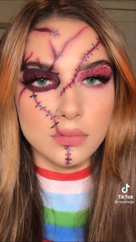 Women Chucky Makeup, Chucky Halloween Costume Makeup, 2023 Halloween Makeup Ideas, Chucky Scary Makeup, Chucky Wife Makeup, Chunky Makeup Halloween, Chucky Inspired Makeup, Spooky Makeup Easy, Cute Chucky Makeup