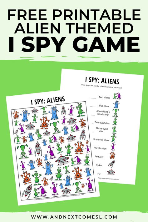 This free alien I spy printable game is perfect for kids who love aliens and outer space! They'll love searching and counting for the different aliens. #ispyprintable #ispygames Space Games For Kids, Space Jam Theme, I Spy Printable, Spy Games For Kids, Alien Games, Space Theme Preschool, Space Activities For Kids, I Spy Games, Spy Games