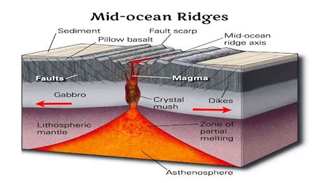 Mid-Ocean Ridge diagram Mid Ocean Ridge, Divergent Boundary, Seafloor Spreading, Plate Tectonic Theory, Ocean Trench, Plate Boundaries, Tectonic Plates, Ocean Pillows, Continental Drift