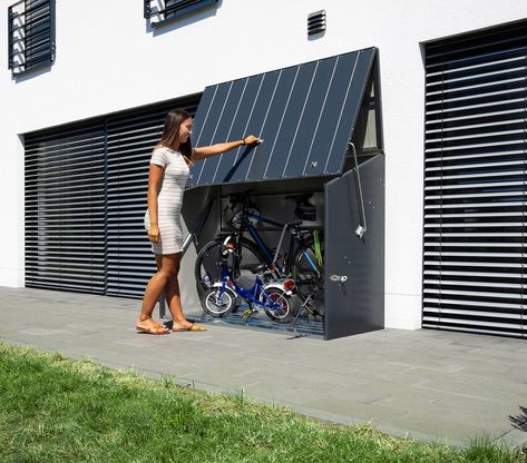 Front Yard Bike Storage, Bicycle Storage Outdoor, Outdoor Bike Storage Ideas, Bicycle Storage Ideas, Outdoor Bicycle Storage, Bike Storage Home, Space Commander, Bike Box, Outdoor Bike Storage