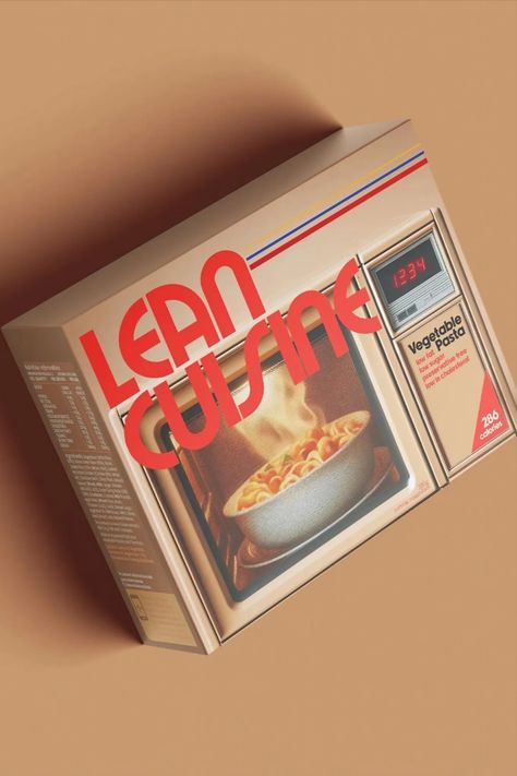 Candy Brophy has reimagined Lean Cuisine’s packaging with a nostalgic twist, aptly named “Lean Cuisine Rewind Dinner Design.” This concept combines retro 1980s aesthetics with modern packaging needs, creating a unique blend of past and present for the frozen food aisle. Retro Modern Graphic Design, 90s Packaging, 80s Packaging, Food Package Design, Dinner Design, Red Packaging, Frozen Food Packaging, Retro Packaging, Lean Cuisine