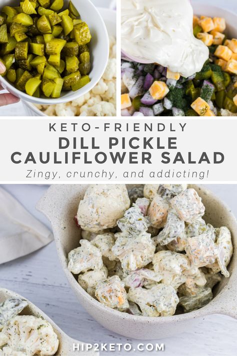 Loaded Cauliflower Salad (low Carb), Dill Cauliflower Salad, Dill Pickle Food Recipes, Keto Side Salads, Pickle Recipes Side Dishes, Keto Recipes No Dairy, Keto Side Salad, Keto Potluck Recipes, Recipes With Pickles