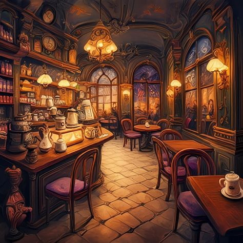 Fantasy Coffee Shop, Room Concept Art, Room Concept, Cafe Art, Dnd Art, Tea Room, Art Room, Coffee Shop, Concept Art