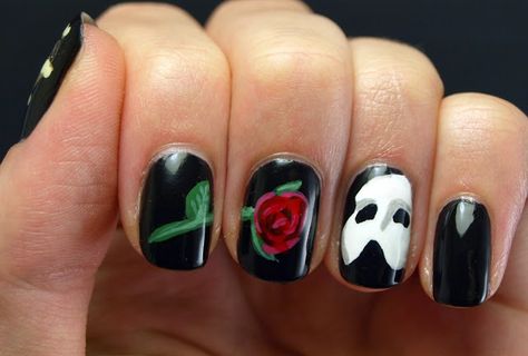 Day 23: Inspired by a movie, The Phantom of the Opera. #31DC2013 Musical Theatre Nails, Theatre Nails, Wacky Nails, Phantom Of The Opera Tattoo, Weird Nails, Movie Nails, Nerdy Nails, Musical Posters, Broadway Nails