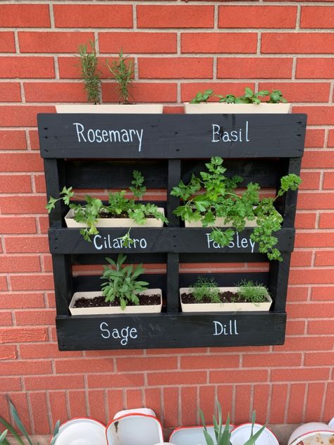 Terrace Herb Garden Ideas, Outdoor Wall Herb Garden Ideas, Vertical Herb Garden Wall Patio, Herb Garden Made From Pallets, Wall Herb Garden Outdoor Pallet, Pallet Garden Ideas Diy, Pallet Herb Garden, Herb Planter Box, Herb Garden Ideas