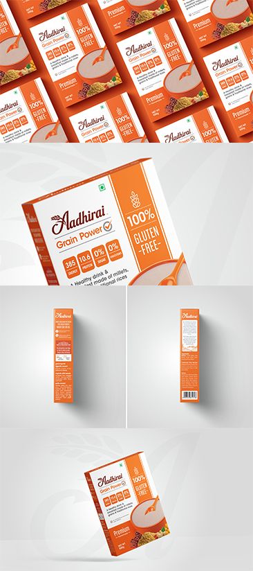 Branding of the Healthy Traditions brand for Aadhirai a health food company based in Namakkal, Aadhirai a well-established brand in the category, combines this traditional food with useful ingredients such as Cereals, millets and rice varieties.  With the new design, useful ingredients are shown more remarkably in Aadhirai packages. In order to underline the naturalness of the product, Orange color is used as the background color. With the grain and Letter A integrated into the logo, the brand Millet Packaging Design, Millet Benefits, Healthy Food Branding, Cereal Packaging, Honey Packaging, Rice Varieties, Food Company, Food Pack, Food Branding