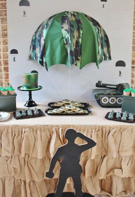 Check out this cool Toy Soldier Birthday Party! The dessert table is awesome!! See more party ideas and share yours at CatchMyParty.com Soldier Birthday Party, Army Party Decorations, Camouflage Birthday Party, Army Themed Birthday, Soldier Party, Camo Birthday Party, Army Christmas, Army Birthday Parties, Army Birthday