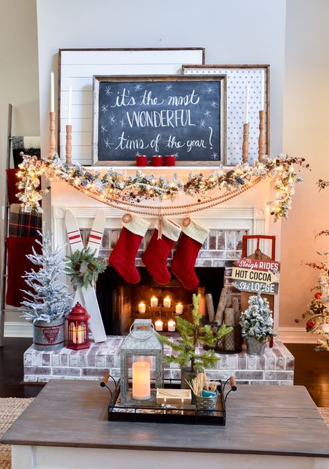 Inside Fireplace Decor Christmas, Christmas Decor For Chimney, Fireplace Hearth Christmas Ideas, Country Christmas Mantle Ideas, Christmas Decor With Fireplace, Bottom Of Fireplace Christmas Decor, Decorated Fireplace For Christmas, Christmas Tree And Mantle Decor, Stocking Fireplace Ideas