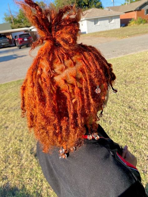 Dye Dreads Black Women, Dyed Locs Black Women Natural Hair, Orange And Blonde Locs, Red And Orange Locs, Red And Blonde Locs Black Women, Dyed Dreadlocks Black Women, Colors To Dye Your Locs, Colorful Locs Black Women, Dyed Dreads Black Women