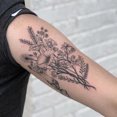 Floral Patchwork Sleeve Tattoo, Wildflower Half Sleeve Tattoo, Wildflower Tattoo Sleeve, Wildflower Sleeve Tattoo, Floral Filler Tattoo Ideas, Wildflower Sleeve, Wild Flowers Tattoo, Garden Sleeve Tattoo, Foliage Tattoo