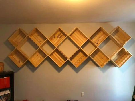 Someone fastened crates to their wall and made it into organization for their yarn stash!! Yarn Storage Wall, Yarn Storage Solutions, Unique Shelving, Wall Cubbies, Sewing Room Storage, Yarn Organization, Yarn Ideas, Unique Shelves, Yarn Storage