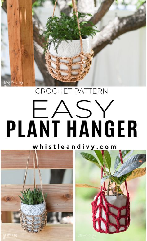 Crichet Plant Hanger, Easy Crochet Plant Hanger Pattern Free, Crochet Hanging Basket Patterns, Easy Crochet Plant, Crochet Plant Hanger Pattern, Crochet Plant Hangers, Outdoor Crochet, Crochet Planter, Crochet Hanging Basket