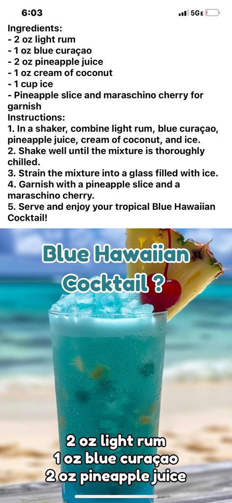 Blue Hawaiian Drink Recipe, Blue Hawaiian Drink, Hawaiian Drinks, Hawaiian Cocktails, Pineapple Slices, Light Rum, Hawaiian Food, Blue Curacao, Tropical Blue