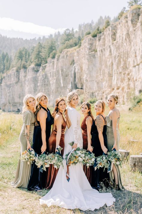 Velvet Gowns, Great Falls Montana, Montana Ranch, Bride’s Mother, Groom Ties, Mismatched Bridesmaids, Mismatched Bridesmaid Dresses, Mountain Bride, Montana Wedding