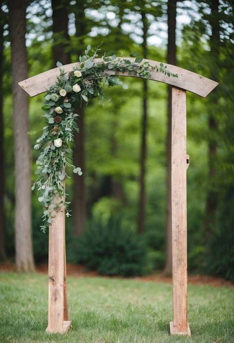 7 Awesome Woodland Wedding Ideas for a Magical Celebration - OMG Hitched! Arbors For Weddings Outdoor Ceremony, Simple Wedding Arches Outdoors, Outdoor Wedding Arch Ideas Simple, Simple Wedding Arch Ideas Outdoor Ceremony, Woodsy Wedding Arch, Simple Wedding Arch Ideas, Simple Wedding Alter, Wedding Arch Simple, Backdrop Decorations Wedding