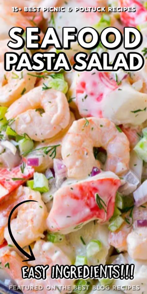 Summer Seafood Salad, Pasta Salad Recipes Seafood, Creamy Seafood Pasta Salad, Pescatarian Potluck Recipes, Sea Food Pasta Salad, Shrimp And Crab Pasta Salad Cold, Prawn Pasta Salad Cold, Summer Eats Easy Recipes, Easy Shrimp Salad Recipe