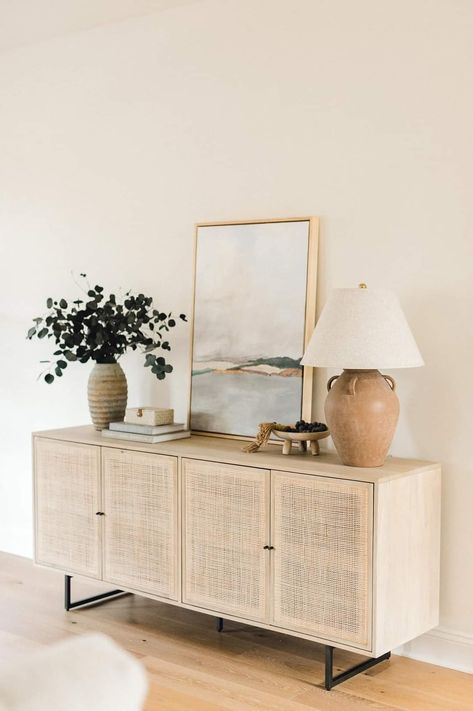 How To Decorate A Console Table, How To Style A Console Table, Sideboard Styling, Lulu Georgia, Sideboard Styles, Family Room Inspiration, Rattan Sideboard, Sideboard Decor, Buffet Decor