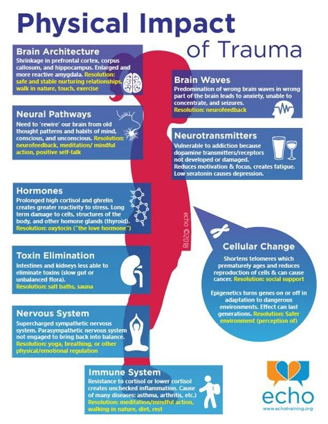 We love science at Echo. In our Trauma & Resiliency trainings (Part I & II) we get into the science about the impact of trauma, including the changes that happen to the various systems of the body. It is a pretty exhaustive list, and to try to make sense of it all, we’ve developed another of our popular infographics. #trauma #recovery Habits Of Mind, Info Graphic, Mental And Emotional Health, Coping Skills, Health Awareness, Social Work, Mental Health Awareness, Mental Wellness, Emotional Health