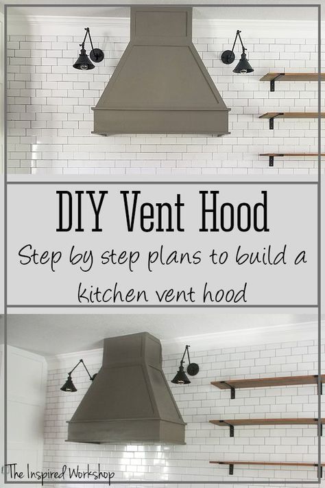 This big and beautiful vent hood is the centerpiece of my kitchen! It demands attention with its size and simple elegance! Plans to build your own vent hood cover or range hood cover for your kitchen are available! This gray vent hood can easily be painted or stained any color and compliment any kitchen style! Build Oven Hood, Building A Range Hood, Ge Profile Vent Hood, Hood Over 36 Inch Range, Shaker Style Range Hood Cover, Cooking Hood Design, Range Hood Vents Kitchen, Diy Range Hood Plans, Diy Wooden Range Hood Cover