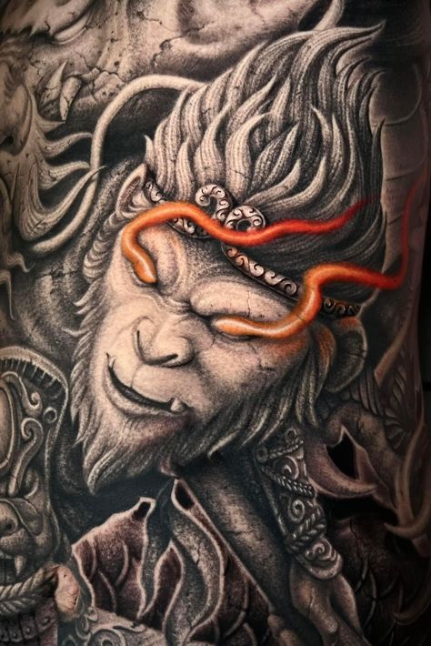 Wukong Tattoo, Monkey Warrior, Wu Kong, 2024 Tattoo, Chicano Art Tattoos, Sun Wukong, Art Parody, Tattoo Stencil, Face Reference