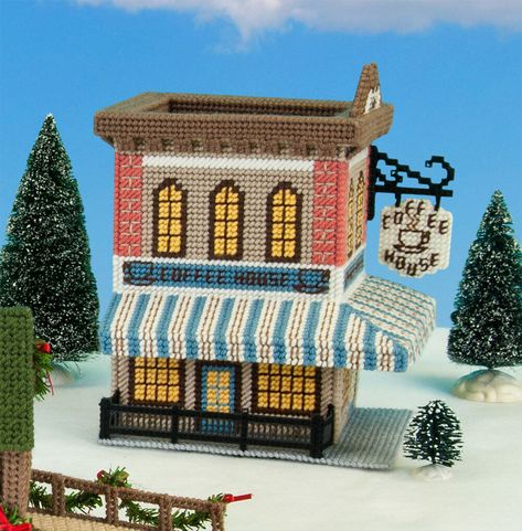 Plastic Canvas Village, Maxim Coffee, Plastic Canvas Kits, Diy Christmas Village Displays, Village Coffee, Plastic Canvas Books, Diy Christmas Village, Mary Maxim, Plastic Canvas Ornaments