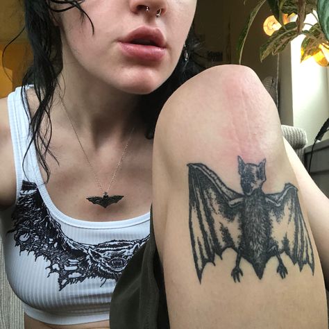 Bat Tattoo Stick And Poke, Bat Under Knee Tattoo, Alt Patchwork Tattoo, Bat Stick And Poke, Goth Bat Tattoo, Bat Arm Tattoo, Bat Hand Tattoo, Bat Back Tattoo, Bat Knee Tattoo