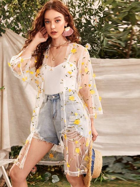 Sheer Kimono Outfit, Short Kimono Outfit, Girls Jeans Fashion, Mesh Kimono, Forever 21 Outfits, Kimono Outfit, Sheer Clothing, Kurti Designs Party Wear, Denim Chic