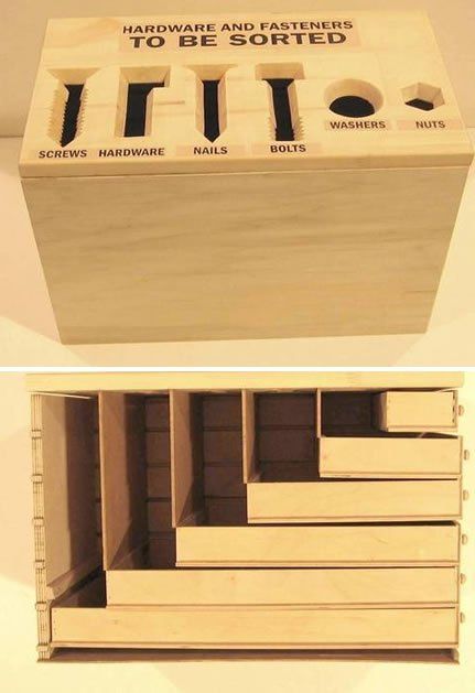 GENIUS way to sort nuts and bolts etc. Great task for your kids who want to help you with your projects. Casa Garage, Hardware Storage, Diy Garage Storage, Workshop Organization, Shop Storage, Shop Organization, Woodworking Bench, Diy Garage, Workshop Storage