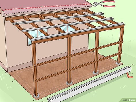 6 Ways to Add a Lean To Onto a Shed - wikiHow #shedideas Terrasse Med Tak, Lean To Roof, Lean To Shed Plans, Diy Storage Shed, Shed Building, Lean To Shed, Shed Building Plans, Garden Storage Shed, Storage Shed Plans