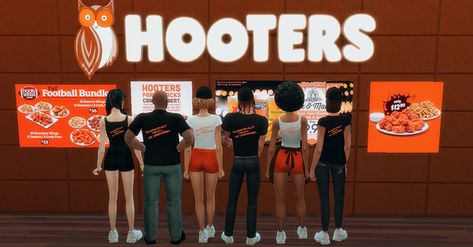 HOOTERS uniform with slogan (Version 2) | Patreon Sims 4 Cc Cheer Uniform, Sims 4 Cc Maxis Match Cheerleader, Sims 4 Fast Food Delivery Mod, Hooters Uniform, Hooters Waitress, Sims 4 Restaurant, Waitress Apron, Restaurant Uniforms, Red Lobster