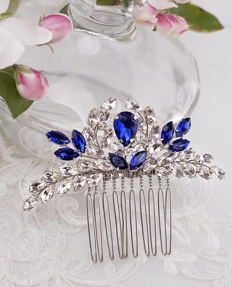 Blue Wedding Hair, Rhinestone Hair Comb, Vintage Wedding Hair, Crystal Hair Comb, Artfully Designed, Bridal Comb, Navy Blue Wedding, Wedding Hair Down, Magical Jewelry