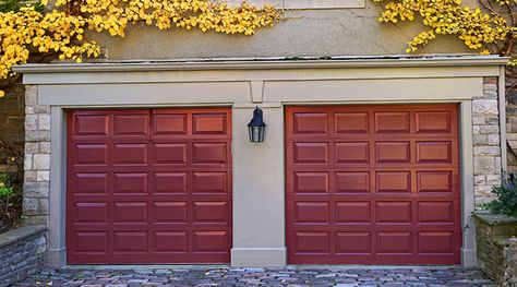 Garage Door Paint Color Inspiration | Sherwin-Williams Red Garage Door, Garage Doors Uk, Cheap Garage Doors, Red Garage, Exterior Garage Door, Black Garage Doors, Custom Wood Garage Doors, Aluminium Garage Doors, Garage Door Colors