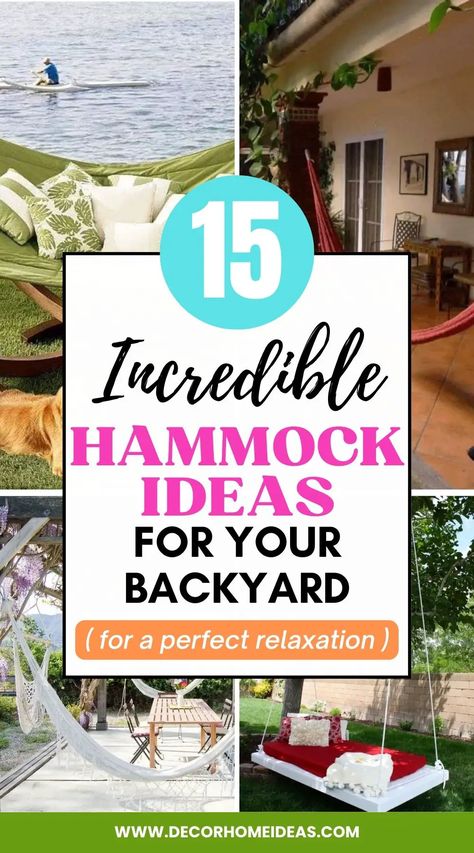 Create a relaxing outdoor space with these 15 hammock ideas for your backyard. From DIY projects to store-bought options, find the perfect hammock for your outdoor oasis. Hammock Corner Backyards, Hang Hammock Without Trees, Hammock Stand Ideas, Small Patio Hammock, Patio With Hammock Ideas, Hammock Hanging Ideas, Outdoor Hammock Ideas Backyards, How To Make A Hammock, Hammock Area Ideas Backyards