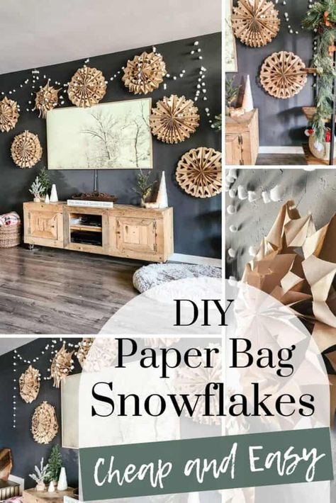 Paper Snowflake Decorating Ideas, Paper Winter Decorations, Butcher Paper Christmas Decor, How To Make Paper Bag Snowflakes, Brown Paper Bag Crafts For Christmas, How To Make Giant Paper Snowflakes, Snowflakes From Lunch Bags, Decorating With Paper Snowflakes, Paper Bag Snowflake Patterns Templates