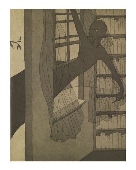 Mepaintsme on Instagram: “Audrey Niffenegger, The Adventuress [She escaped him by flying in the library window] 1983-8, Etching and aquatint on paper, 7 13/16 x 5…” Audrey Niffenegger, Library Window, The Library, Etching, Humanoid Sketch, On Instagram, Instagram, Art