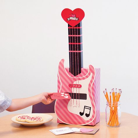 Guitar Valentine's box || Craft Smith || At Michael's Stores Violin Valentine Box Ideas, Guitar Valentines Box For Kids, Guitar Valentine Box Ideas, Taylor Swift Valentines Box Ideas, Guitar Cards, Valentines Box Ideas, Valentine 2024, Girls Valentines Boxes, Valentine Boxes For School