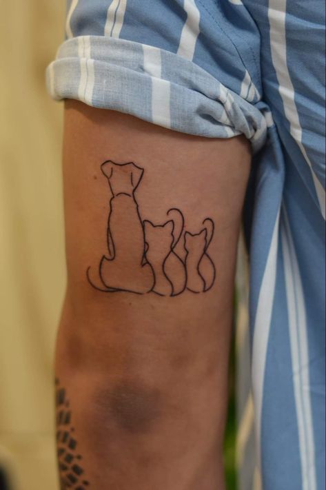 Pet Tattoo Idea , Dog and 2 cats Two Cats One Dog Tattoo, Dog And Two Cats Tattoo, 2 Cats And A Dog Tattoo, Multiple Pets Tattoo, Late Dog Tattoos, 2 Cats 1 Dog Tattoo, Cats And Dogs Tattoo, Moon And Dog Tattoo, Cat And Dog Tattoo Ideas